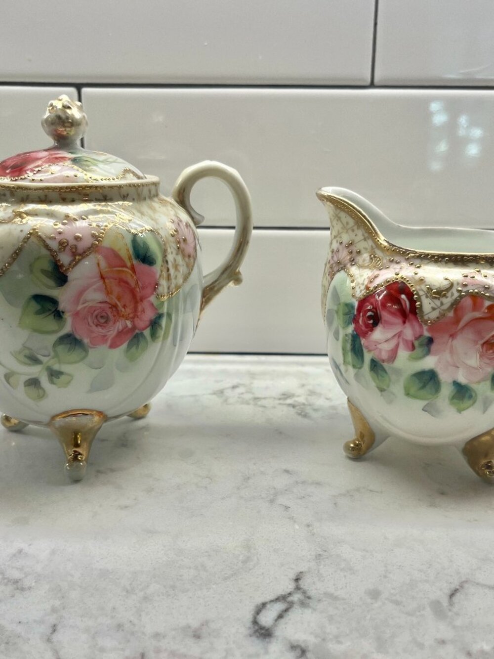 Antique Nippon Footed Creamer Pitcher and Sugar Bowl